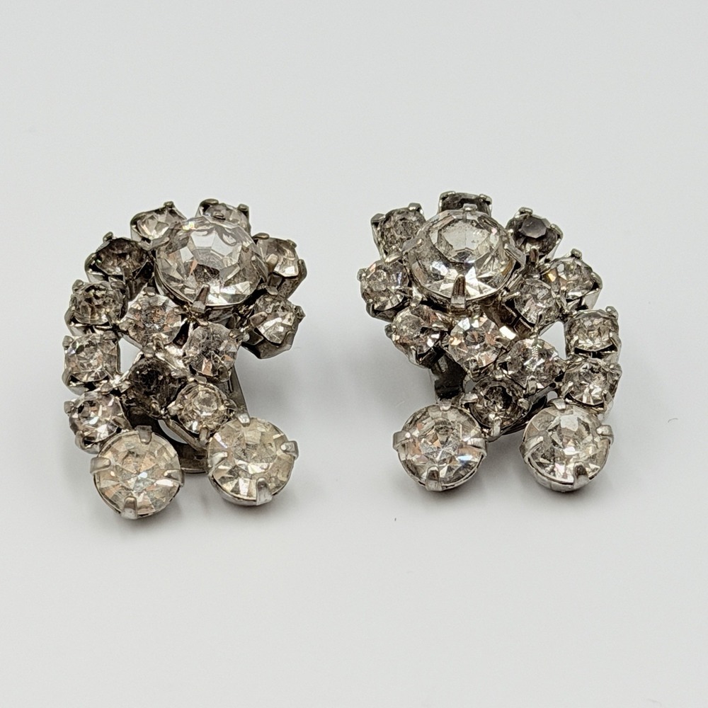 Vintage Rhinestone Cluster Dangle Clip On Earrings Silver Tone Bridal Wedding